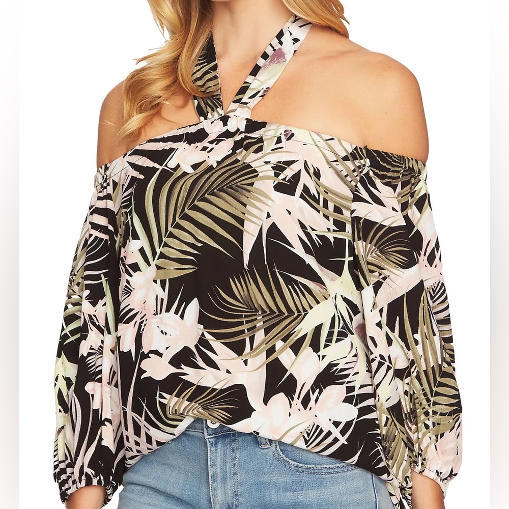 CeCe Soft Palms Off the Shoulder Halter Top Tropical Print Multicolour Small